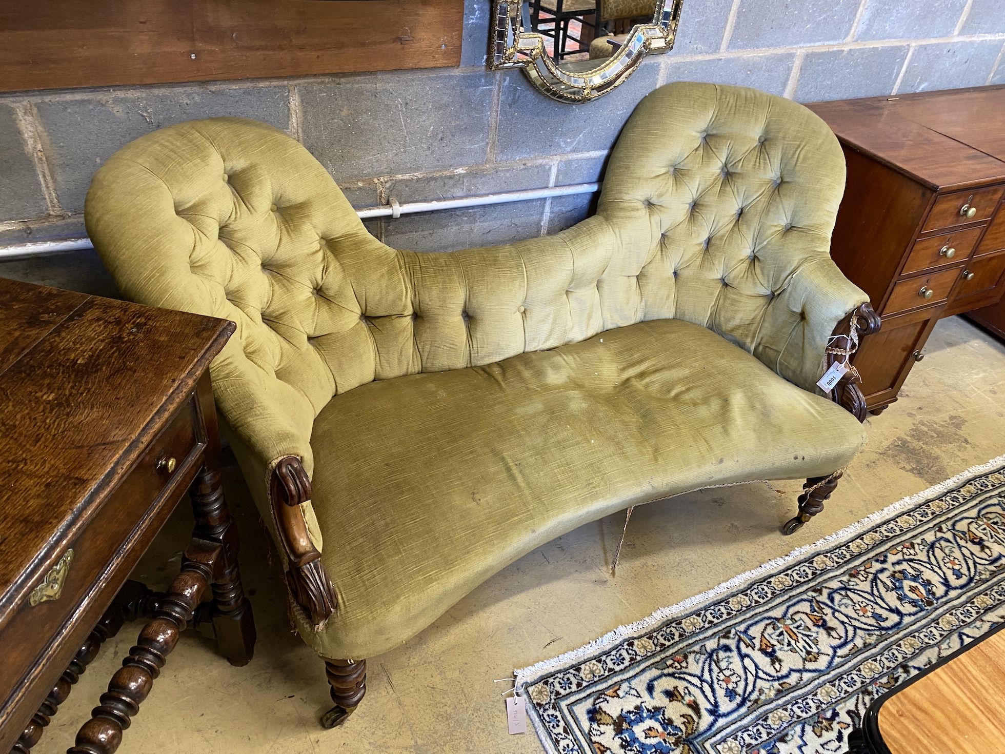 An early Victorian mahogany double spoon back settee, length 160cm, depth 80cm, height 85cm